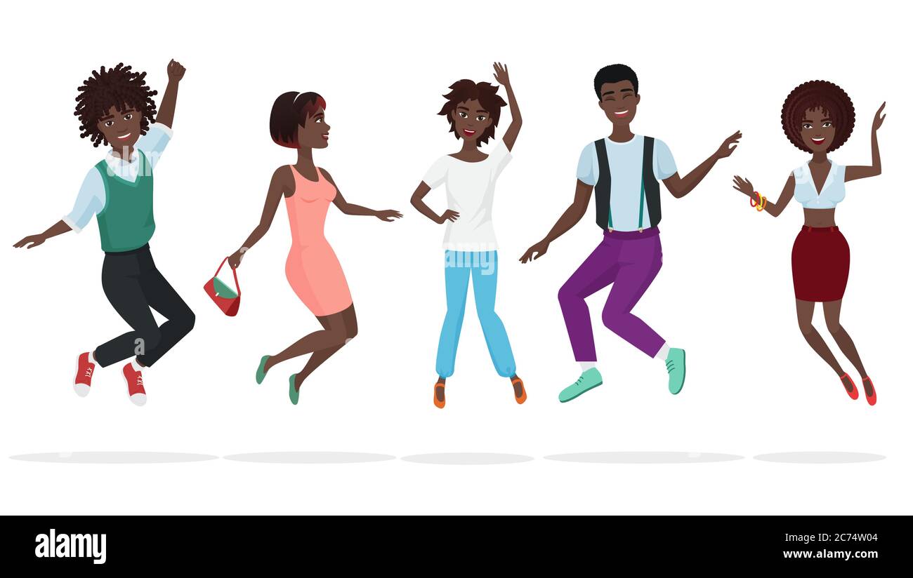 Felice gruppo di amici afro-americani di lavoro di squadra che saltano. Fumetto salto nero persone illustrazione vettoriale carattere Illustrazione Vettoriale