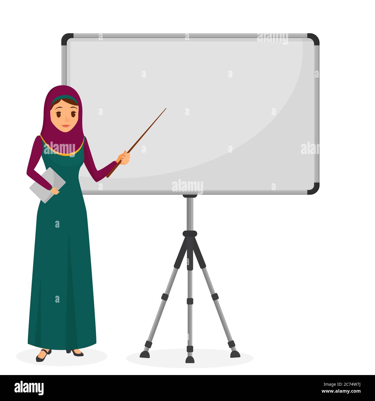 Donna d'affari araba in una presentazione in piedi vicino alla lavagna a fogli mobili. Carattere aziendale. Illustrazione vettoriale Illustrazione Vettoriale