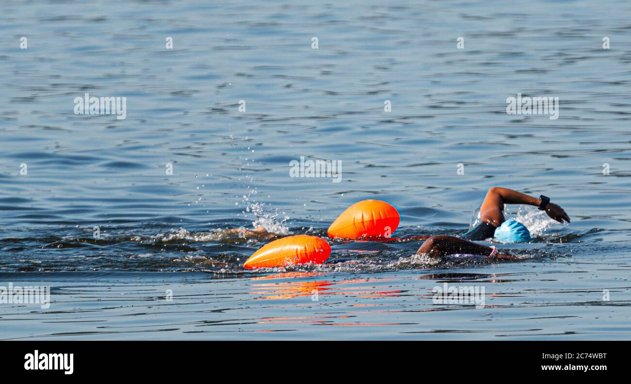 Due donne che nuotano fianco a fianco per un triathlon nel Long Island Sound. Foto Stock