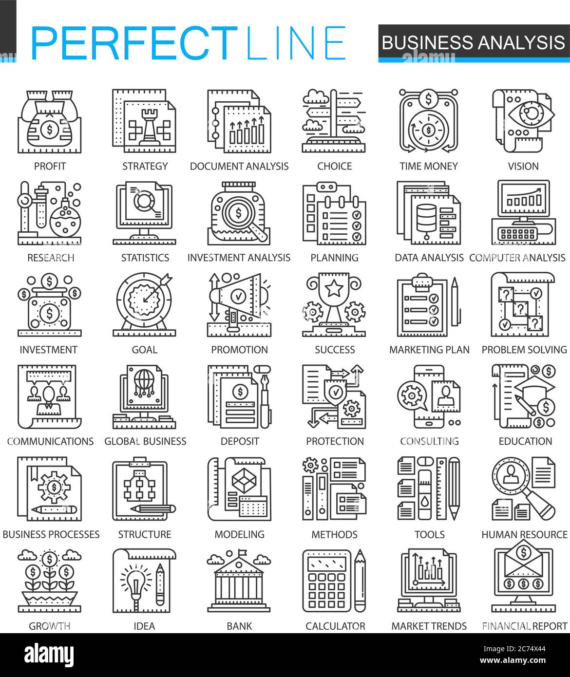Business analytics delinea i mini simboli concettuali. Strategia di business Set di illustrazioni stile lineare a corsa moderna. Icone sottili perfette Illustrazione Vettoriale