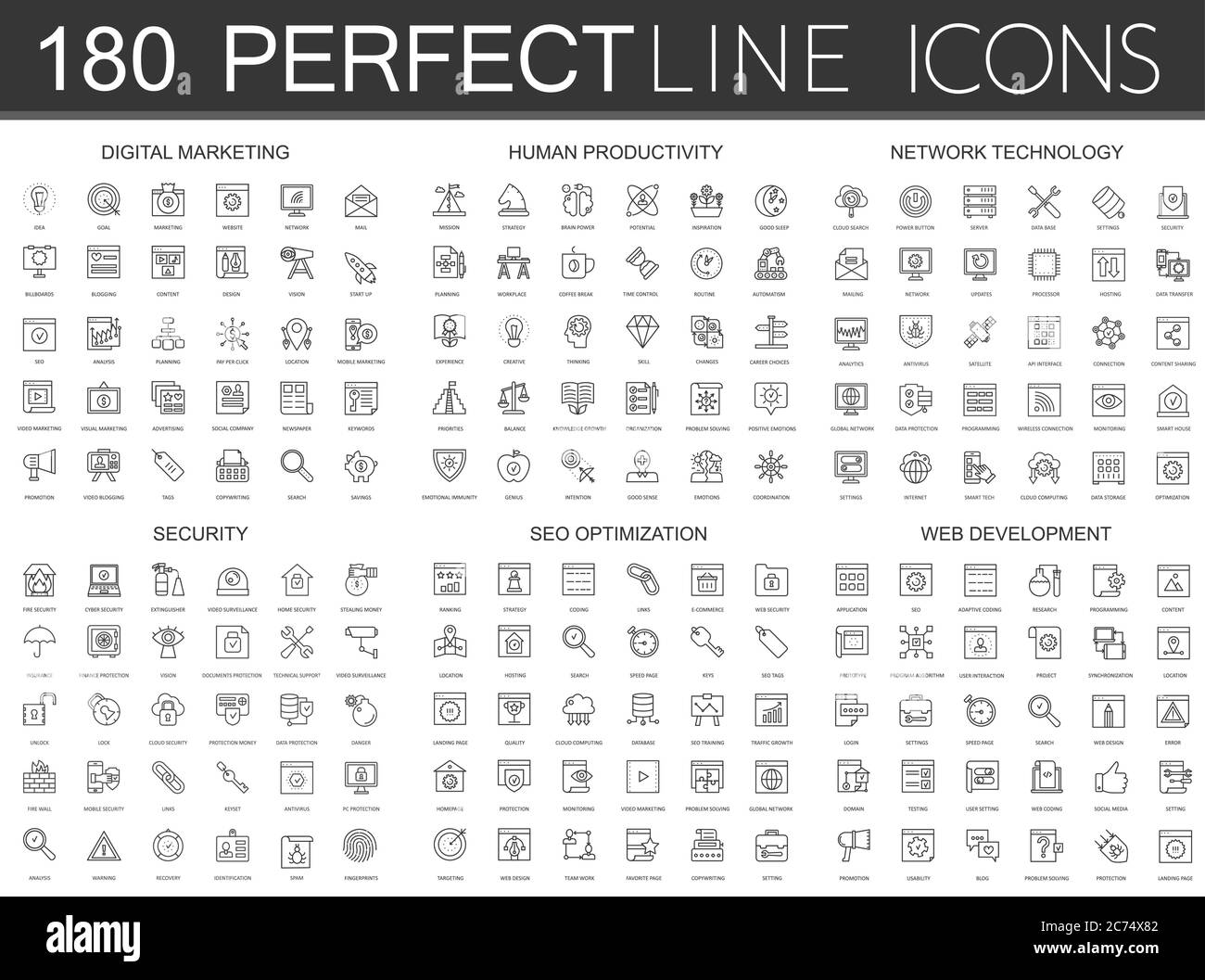 180 icone sottili moderne insieme di marketing digitale, produttività umana, tecnologia di rete, sicurezza informatica, ottimizzazione SEO, sviluppo web isolato Illustrazione Vettoriale