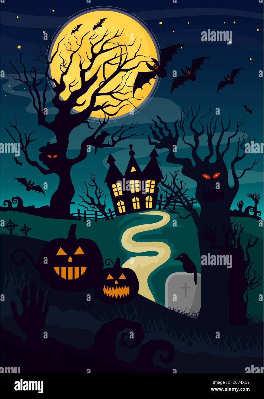 Silhouette di creature mistiche e decorazione di zucca lanterna per Halloween e horror casa di notte Illustrazione Vettoriale