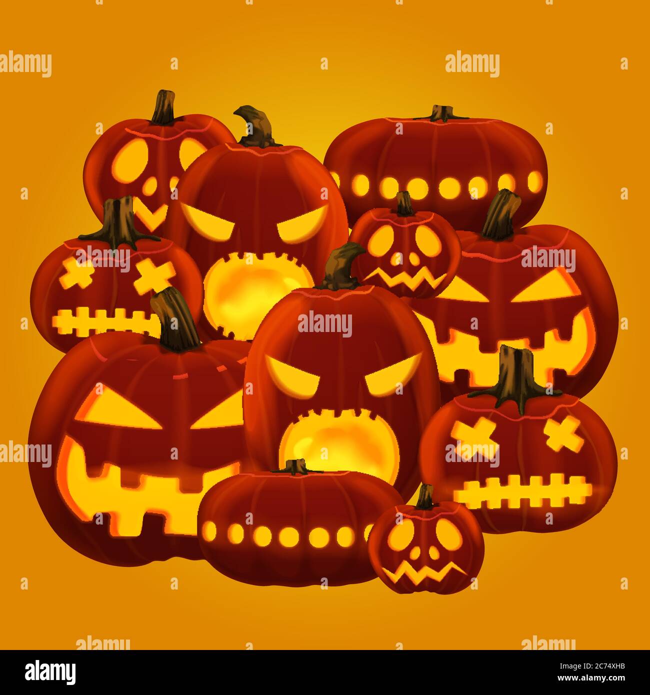 Illustrazione vettoriale di lanterne horror di zucca di Halloween con facce diverse scolpite Illustrazione Vettoriale