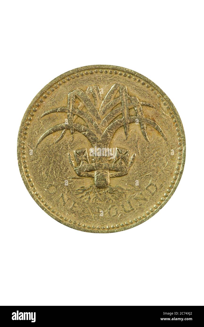 Vecchia moneta britannica di Elizabeth II indossata da una libbra di Inghilterra UK che non è più in uso corrente tagliata fuori e isolata su uno sfondo bianco Foto Stock
