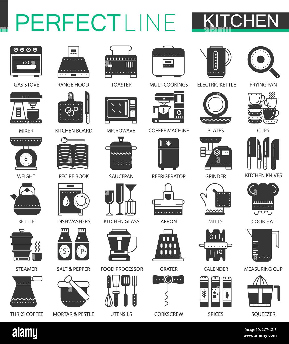 Cucina e cucina classica mini simboli nero concetto. Set di illustrazioni con pittogrammi vettoriali moderni Illustrazione Vettoriale