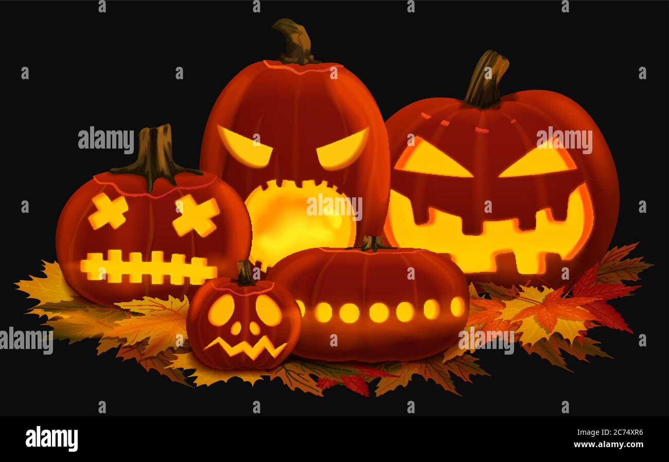 Illustrazione vettoriale delle lanterne di zucca arancione per Halloween con facce intagliate poste sulle foglie d'autunno Illustrazione Vettoriale