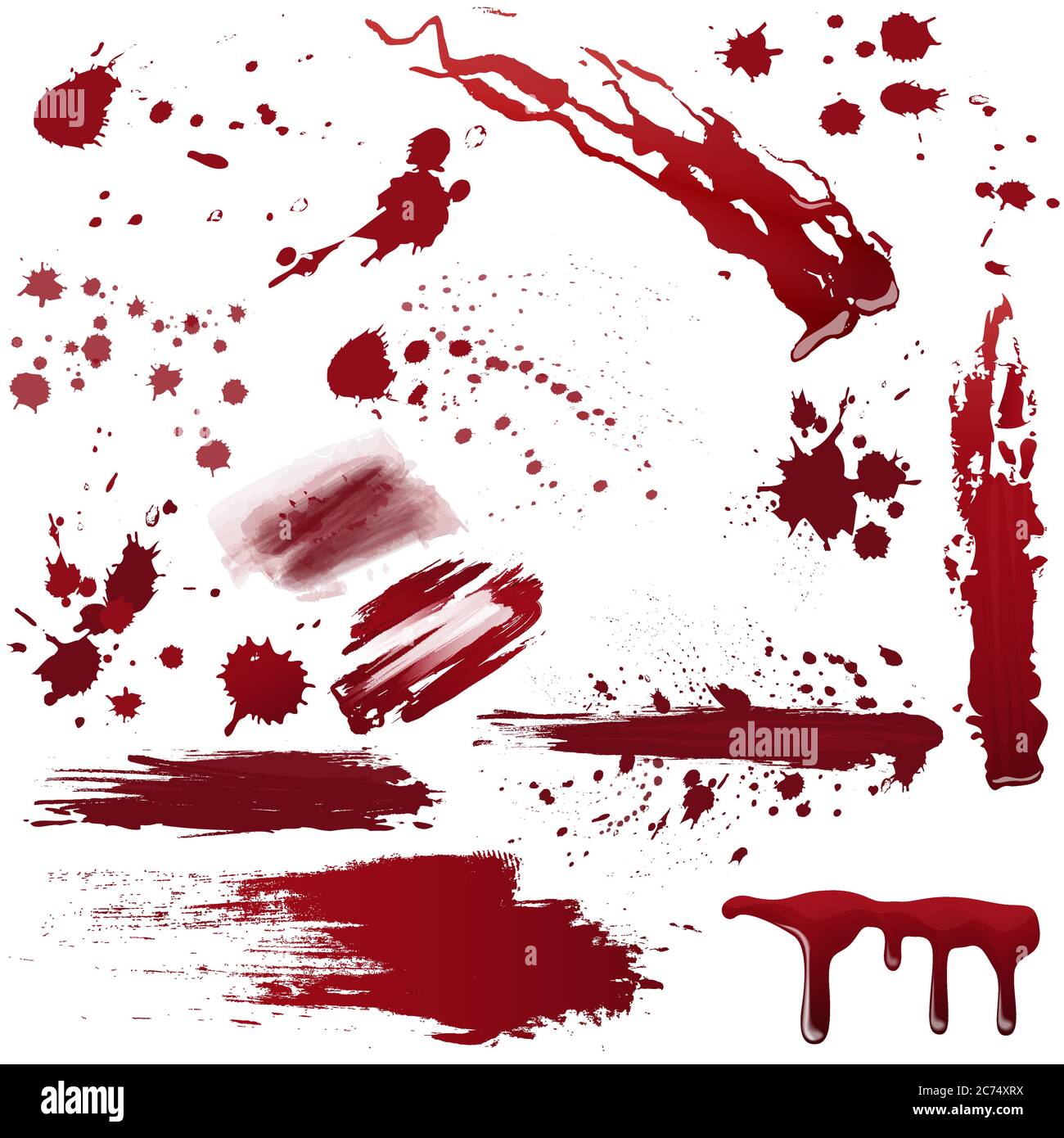 Serie di vari schizzi di sangue o vernice. Illustrazione vettoriale realistica Illustrazione Vettoriale