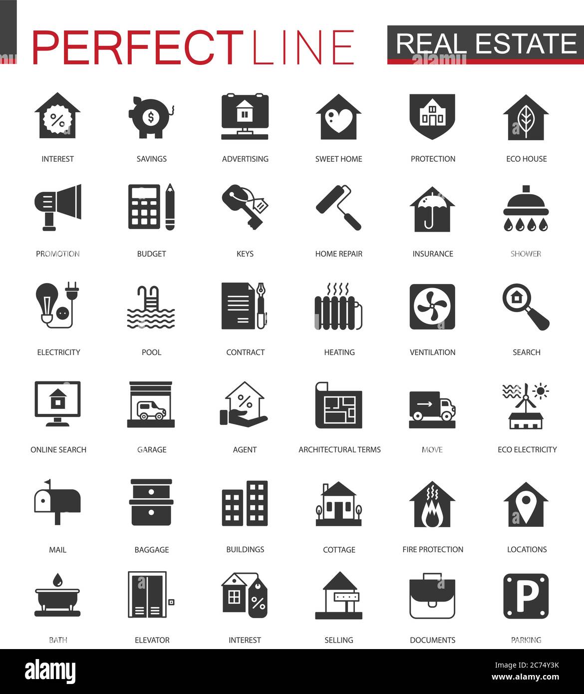 Nero classico immobili icone set isolato Illustrazione Vettoriale