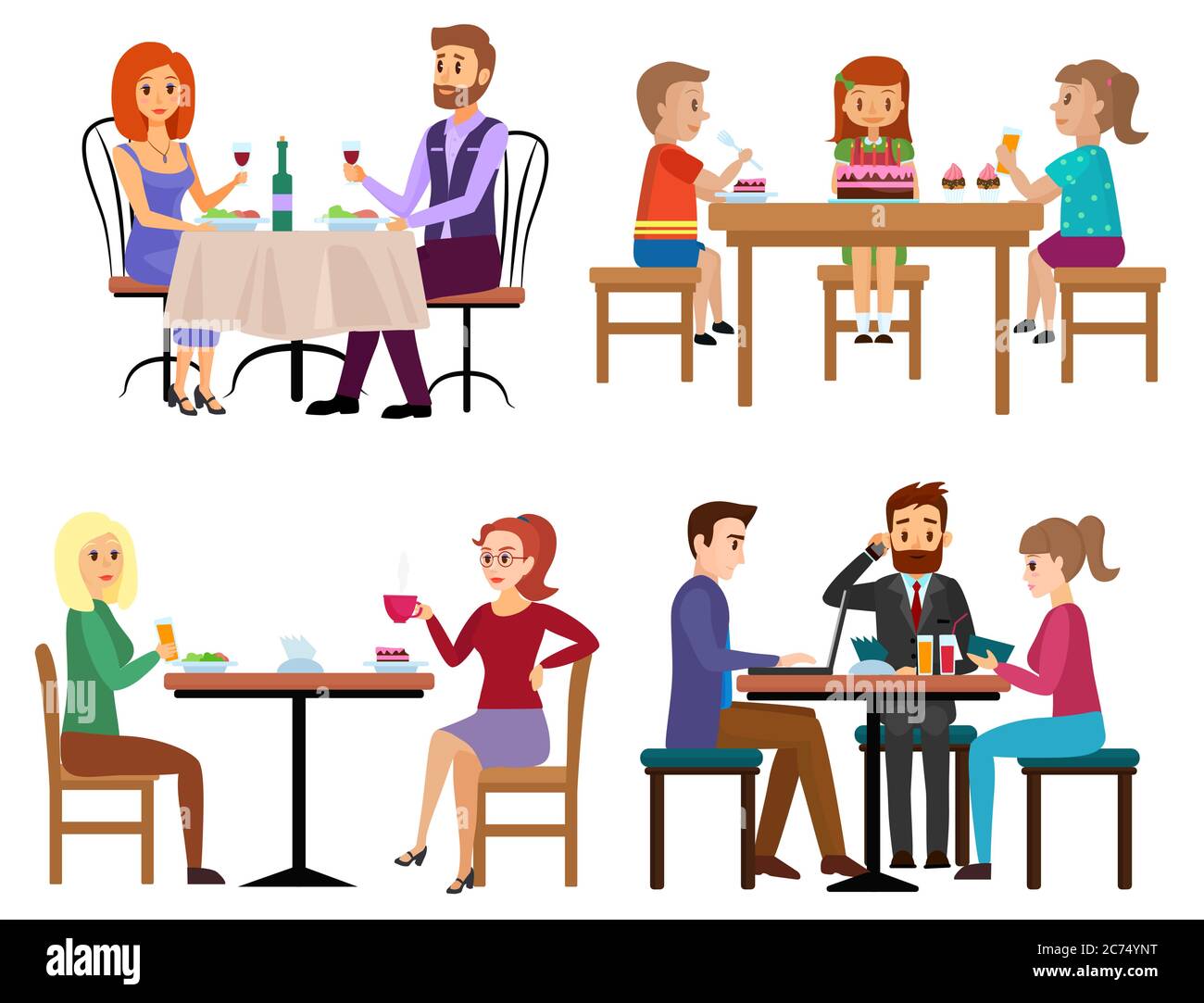 Mangiare gente insieme. Coppia amici famiglia bambini e uomo d'affari seduto in ristorante caffè o bar isolato. Illustrazione vettoriale cartoon Illustrazione Vettoriale