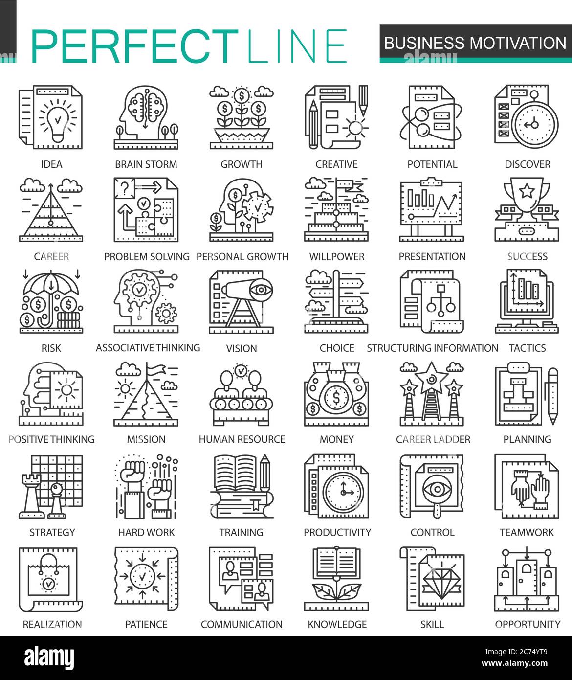 Motivazione e disciplina aziendale delineano i mini simboli concettuali. Set di illustrazioni di stile lineare a tratti moderno. Icone sottili perfette Illustrazione Vettoriale