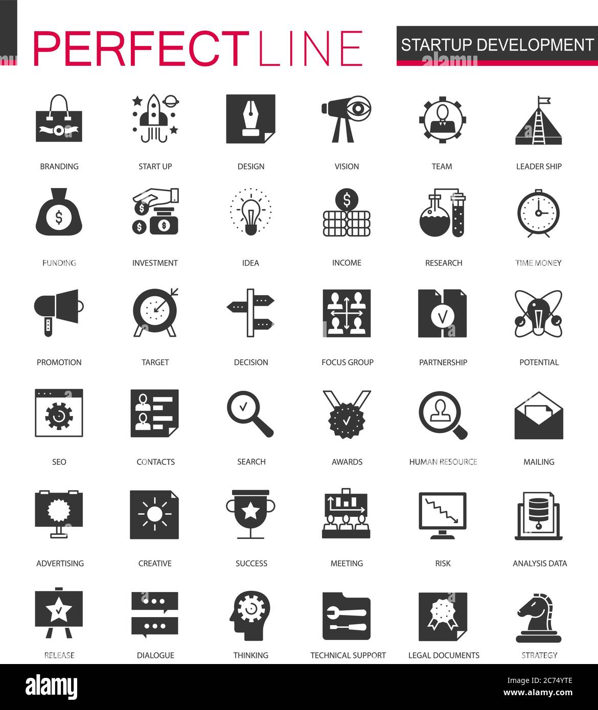 Icone di sviluppo e business di avvio classico nero impostate per il Web isolato Illustrazione Vettoriale