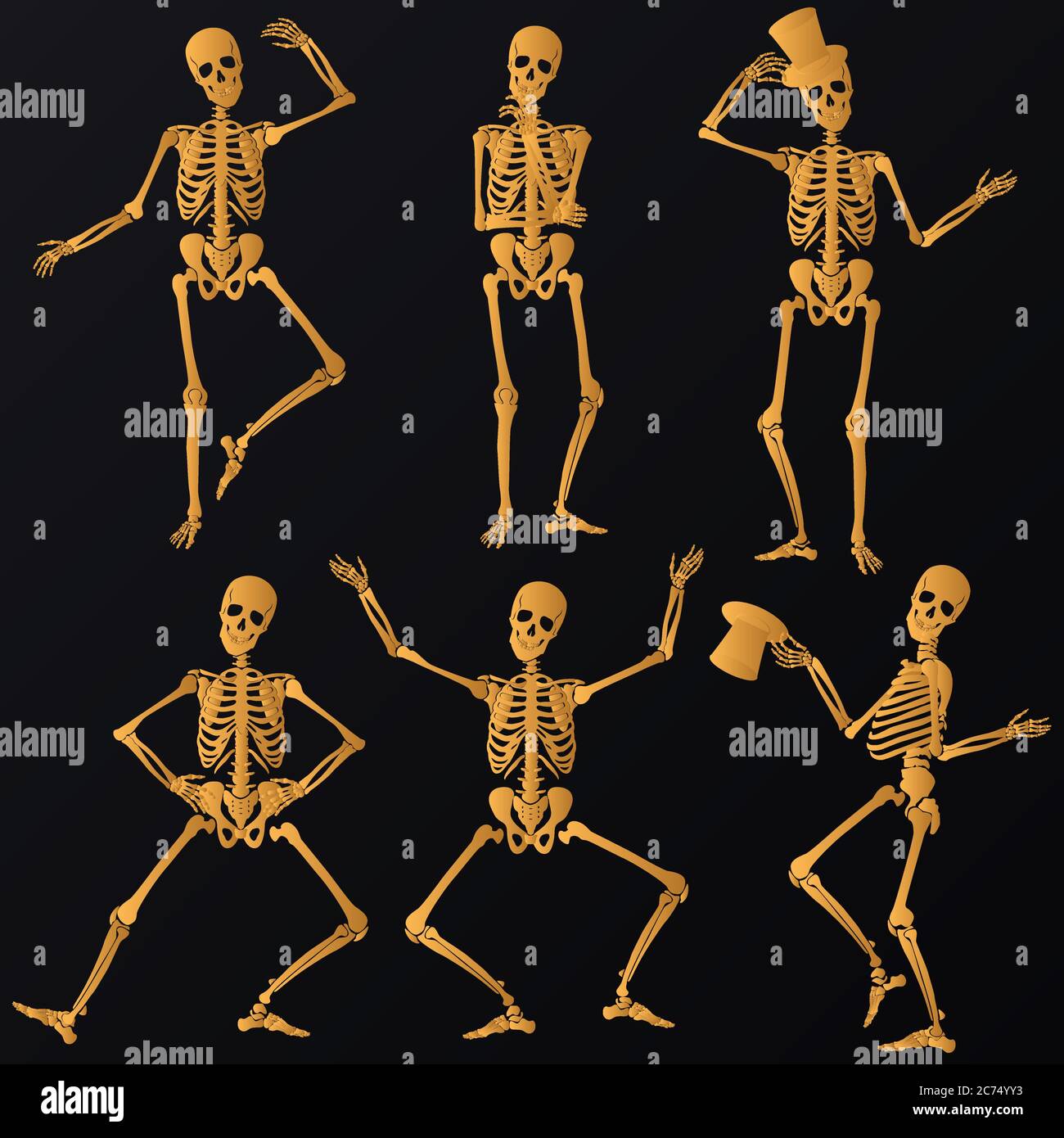 Scheletri dorati danzanti si sono isolati su sfondo nero. Illustrazione Vettoriale