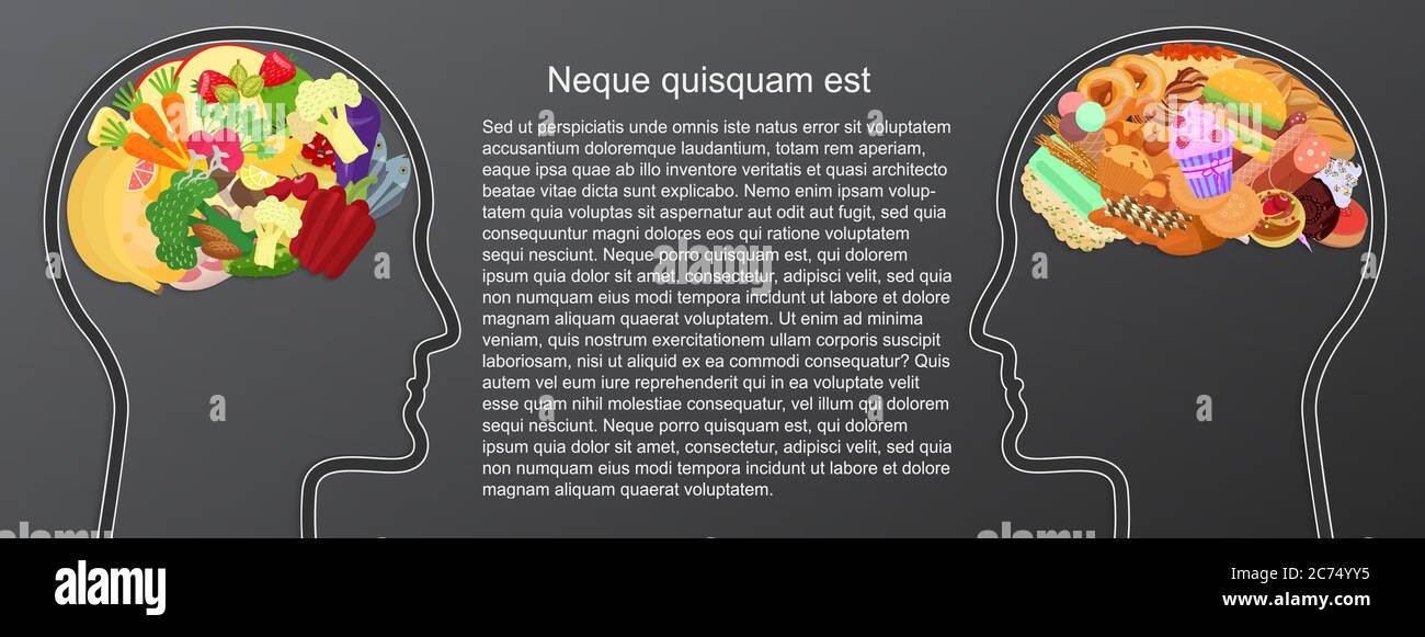 Salute e cibo malsano mangiare nel cervello. Profilo della testa umana scelta della dieta concetto di stile di vita sano. Illustrazione Vettoriale