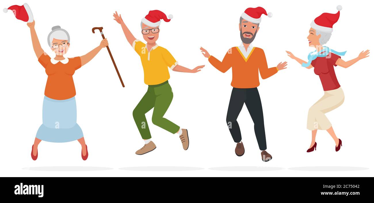 Illustrazione vettoriale di persone adulte in cappelli di Natale che si divertono, ballano e saltano isolati Illustrazione Vettoriale