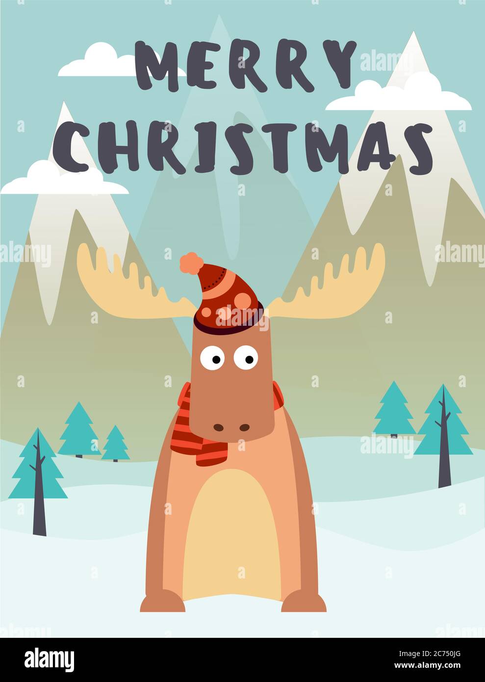 Illustrazione vettoriale di carino cervo in cappello in montagna e saluto di buon Natale. Illustrazione Vettoriale