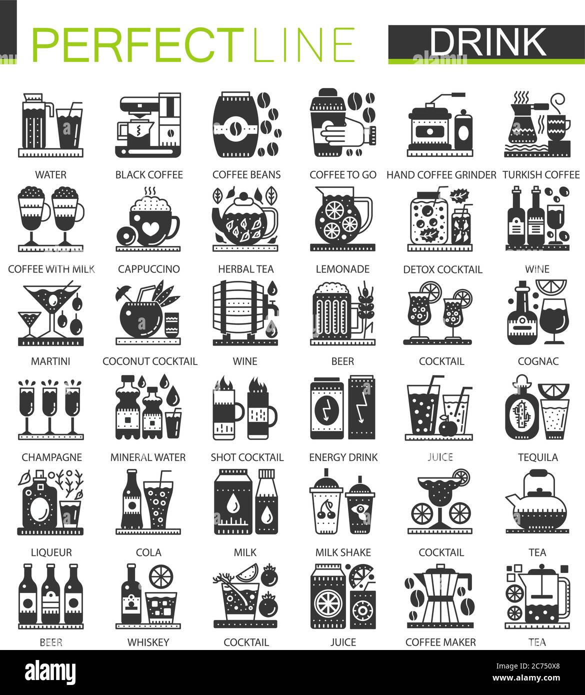 Bevande e bevande classici simboli mini nero concetto. Set di illustrazioni con pittogramma a icona moderna Vector drink Illustrazione Vettoriale