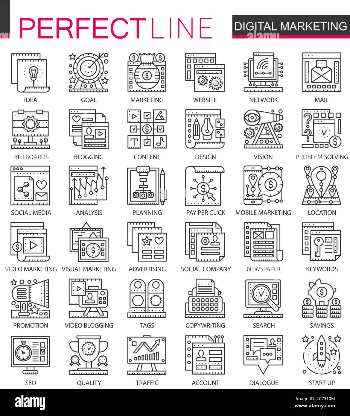 Il marketing digitale delinea i mini simboli concettuali. SEO sviluppo moderno colpo stile lineare illustrazioni set. Icone sottili perfette Illustrazione Vettoriale