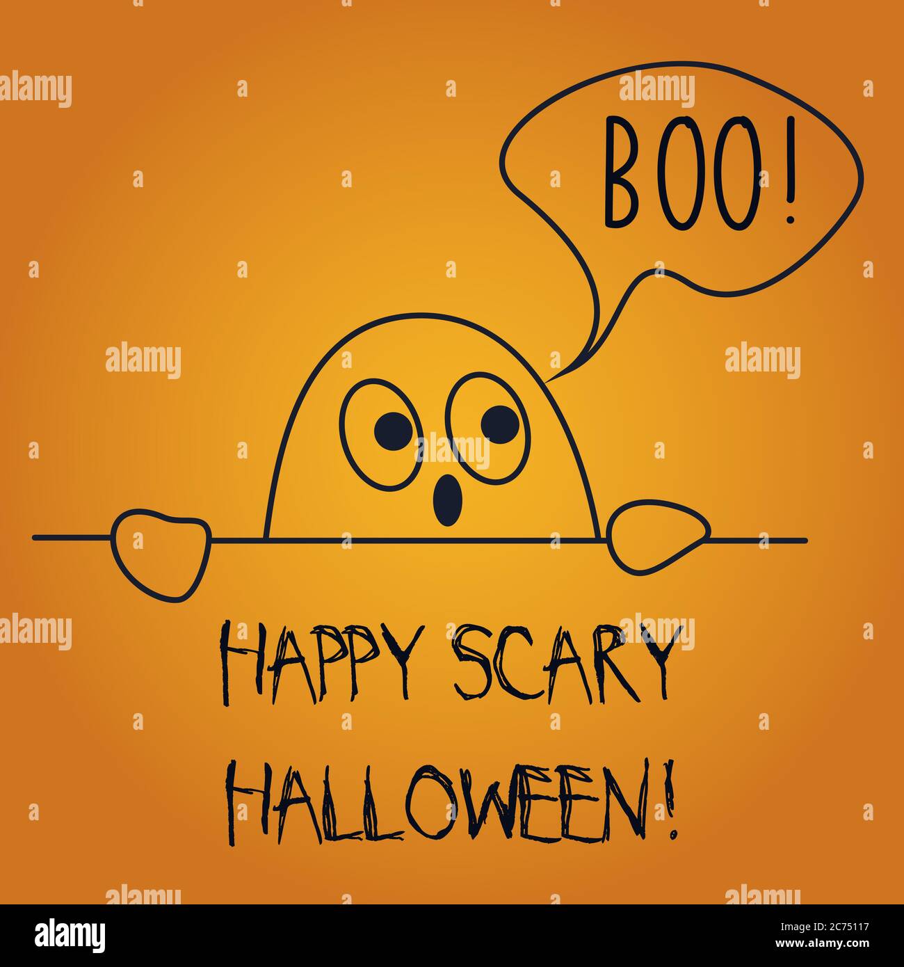 Illustrazione vettoriale di cartolina che desidera felice spaventoso Halloween con il fantasma cute che dice boo Illustrazione Vettoriale