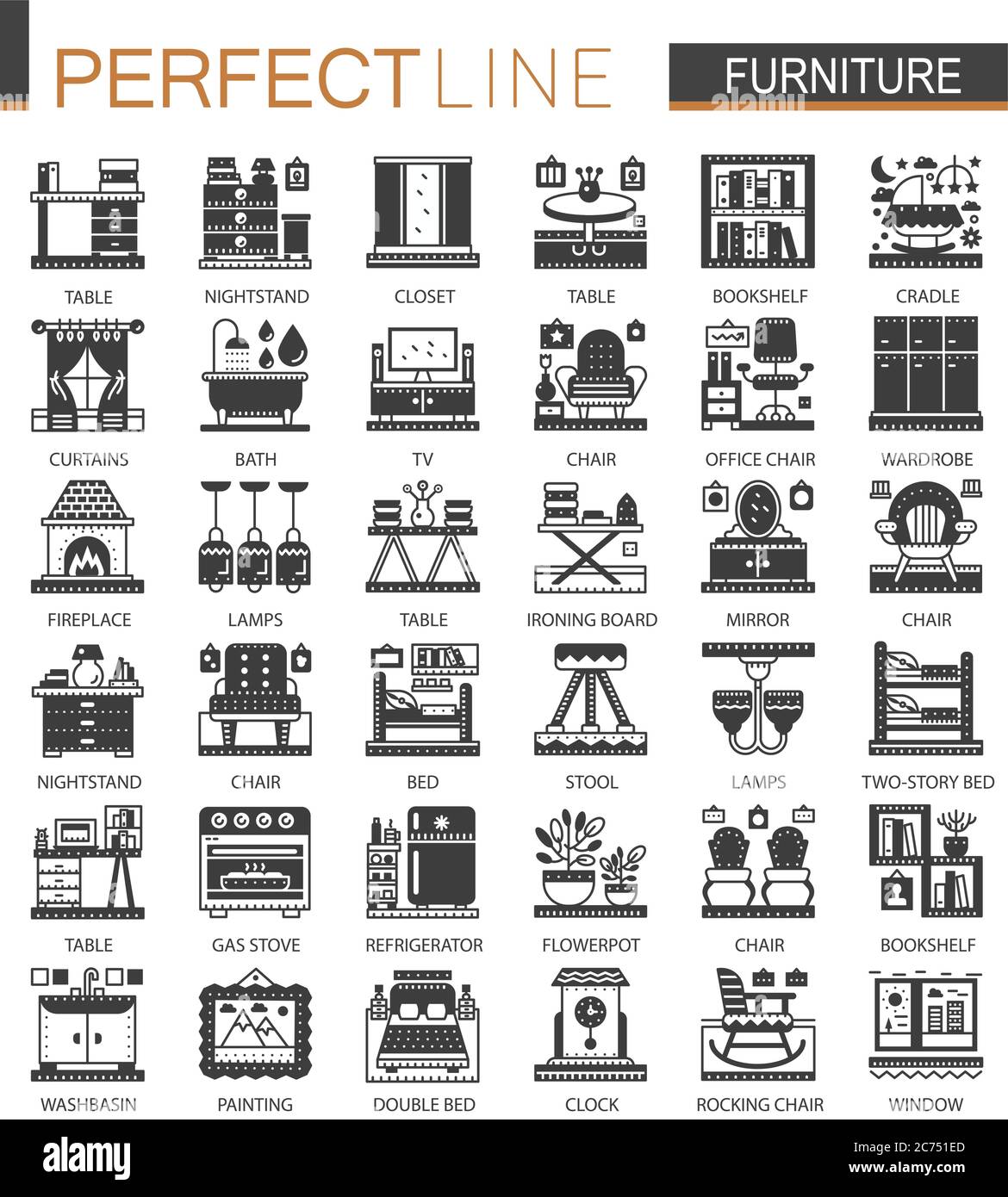 I simboli classici mini concept neri degli interni. Set di illustrazioni vettoriali con pittogramma moderno Illustrazione Vettoriale