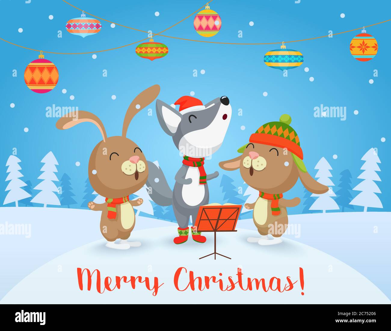 Vector Happy Christmas card con amici di Wolf e conigli cantano insieme canzoni. Buon Natale Illustrazione Vettoriale