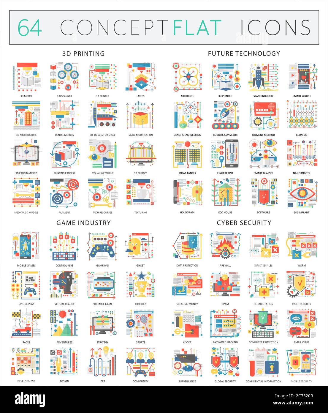 Icone di concetto di infografiche della stampa 3d, tecnologia futura, industria di gioco, sicurezza informatica. Design piatto vettoriale di alta qualità per grafica Web isolata Illustrazione Vettoriale