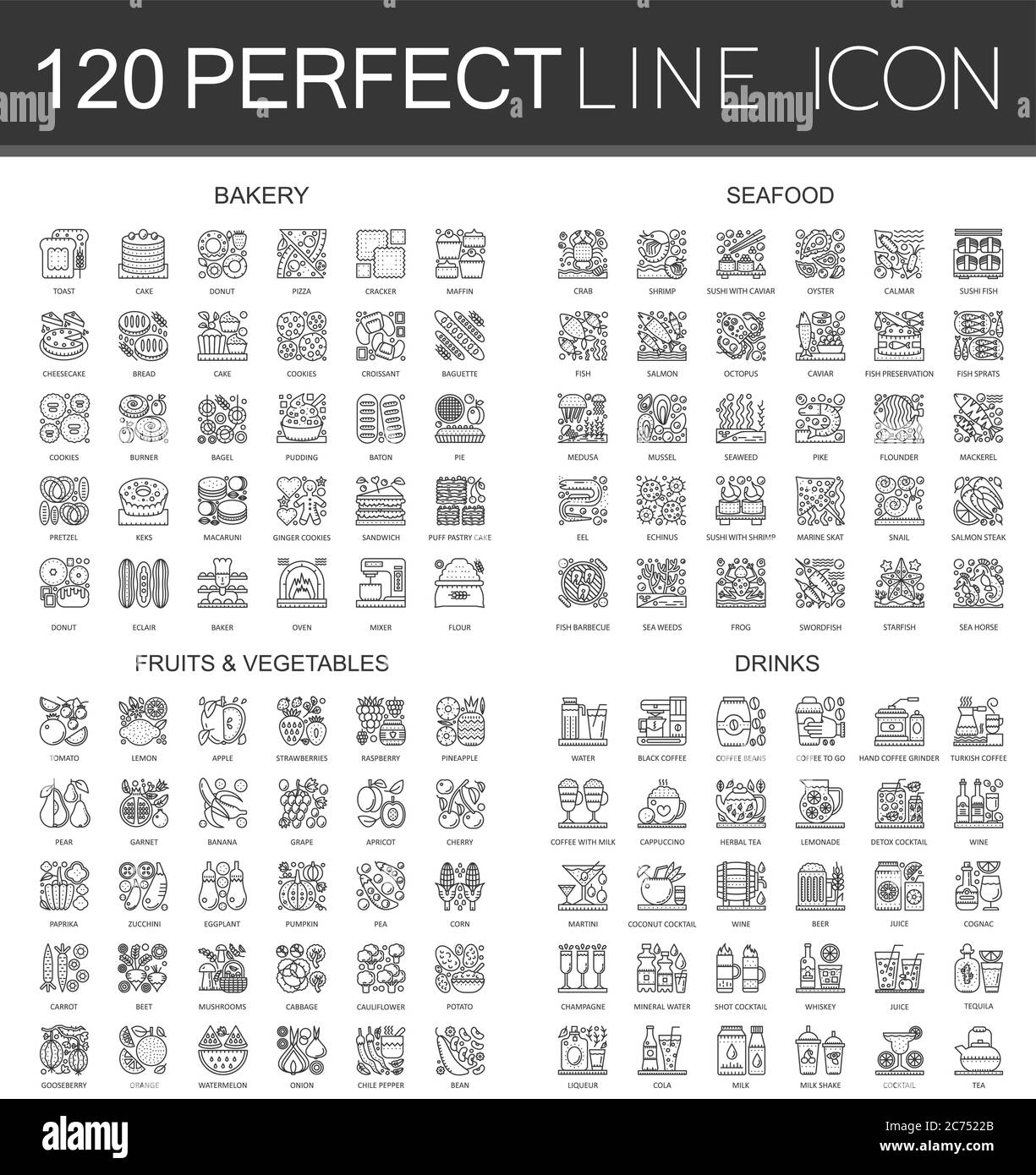 120 contorno mini concept infografica icone simbolo di panetteria, frutti di mare, frutta e verdura, bevande isolate Illustrazione Vettoriale