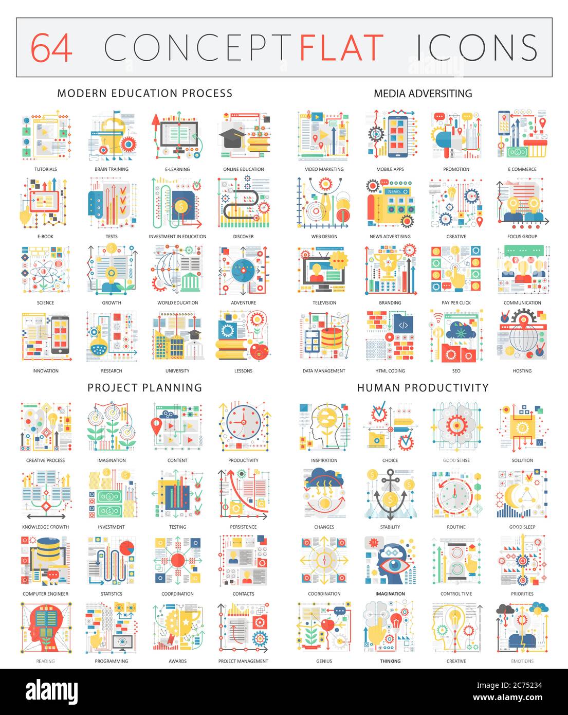 Infografiche icone concettuali di istruzione moderna, pubblicità mediatica, pianificazione di progetti, produttività umana. Design piatto vettoriale di alta qualità per grafica Web isolata Illustrazione Vettoriale