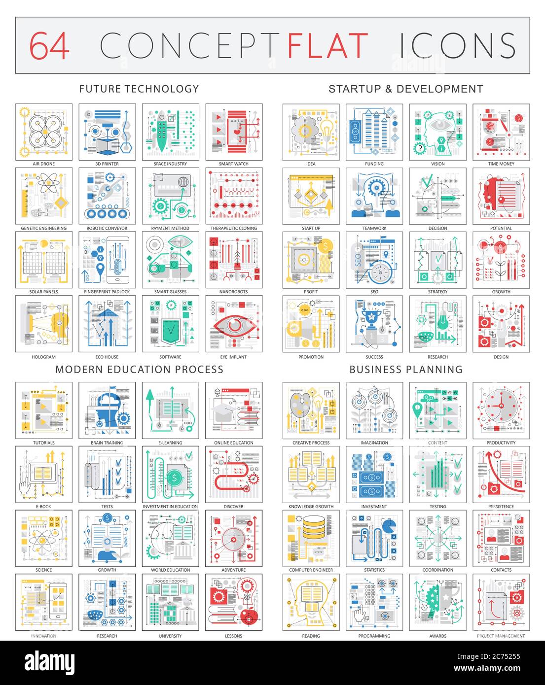 Infografiche icone concettuali della tecnologia futura, sviluppo iniziale, processo educativo moderno, pianificazione finanziaria aziendale. Vector Premium qualità mono colore design piatto isolato. Illustrazione Vettoriale