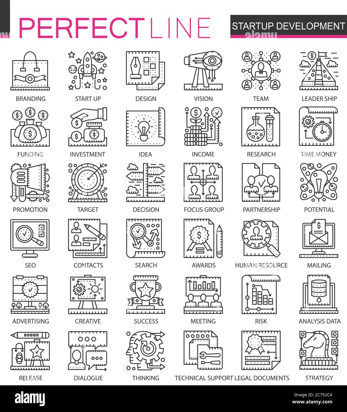 Le imprese di startup e lo sviluppo delineano i mini simboli concettuali. Set di illustrazioni di stile lineare a tratti moderno. Icone sottili perfette Illustrazione Vettoriale