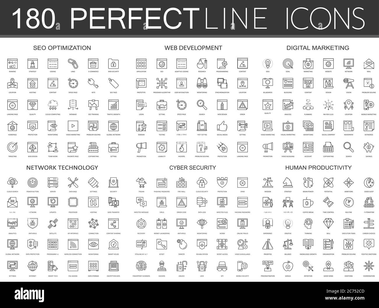 180 icone di linea sottile moderno insieme di ottimizzazione seo, sviluppo web, marketing digitale, tecnologia di rete, sicurezza informatica, produttività umana isolato Illustrazione Vettoriale