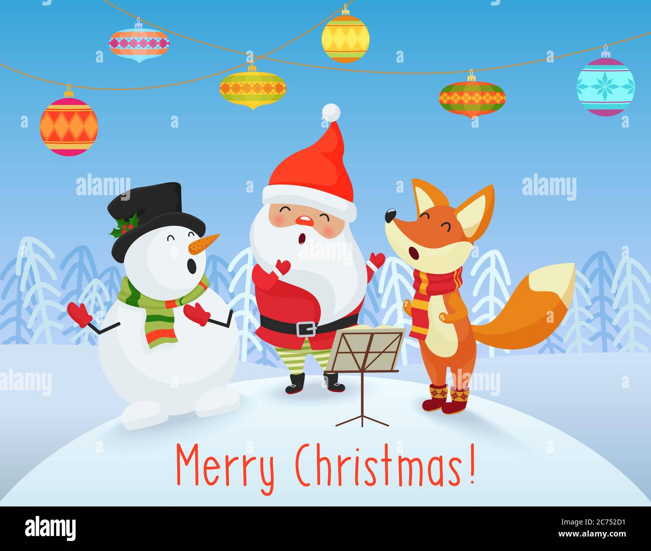 Vector Happy Christmas card con Babbo Natale, Snowman e Fox amici insieme. Illustrazione Vettoriale