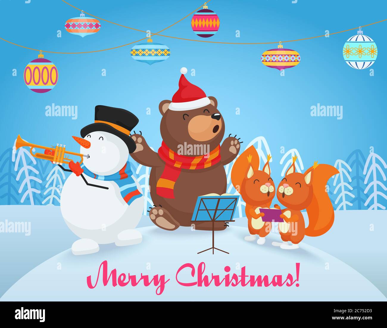 Vector Happy Christmas card con simpatico orso, pupazzo di neve e due piccoli amici volpi cantano canzoni. Buon Natale Illustrazione Vettoriale