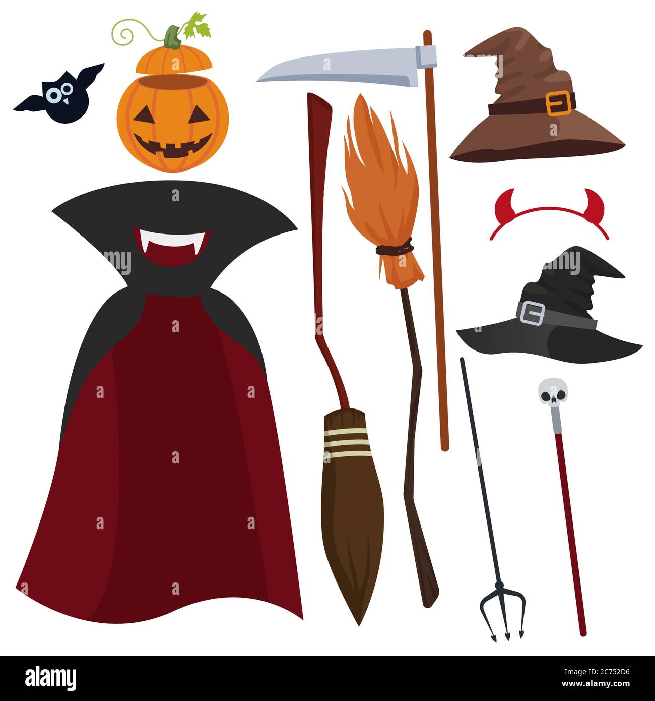 Attrezzatura e vestiti di magia di Halloween vettoriale. Cappello, impermeabile, tridente e altri Illustrazione Vettoriale