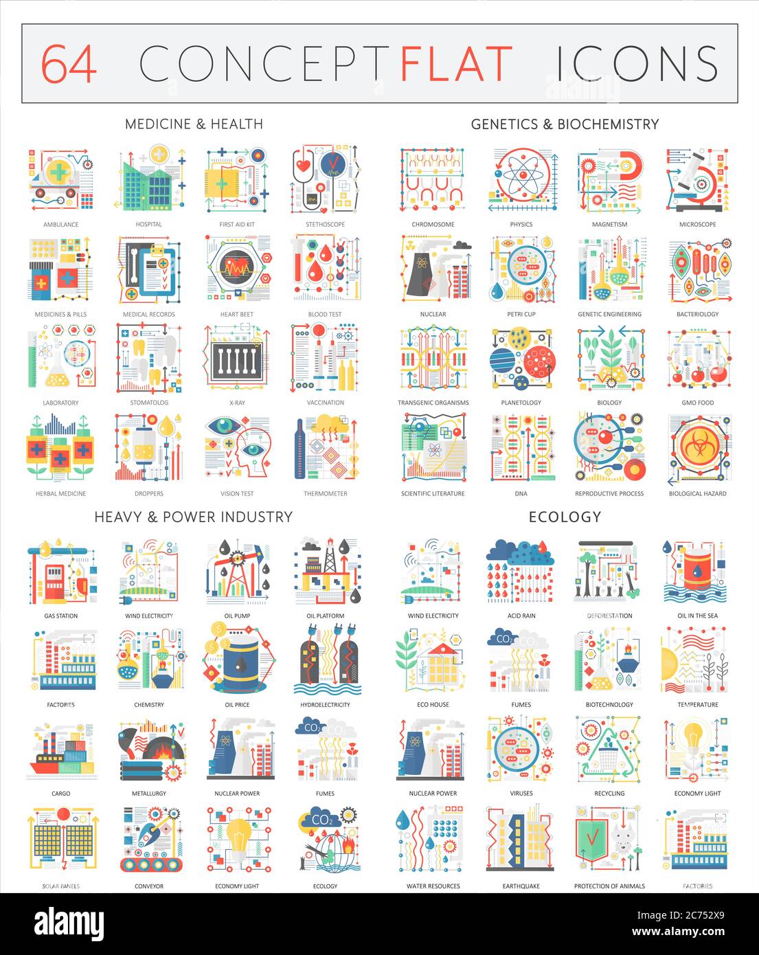 Infografiche icone concettuali della salute della medicina, della biochimica genetica, dell'industria pesante e dell'ecologia. Design piatto vettoriale di alta qualità per grafica Web isolata Illustrazione Vettoriale