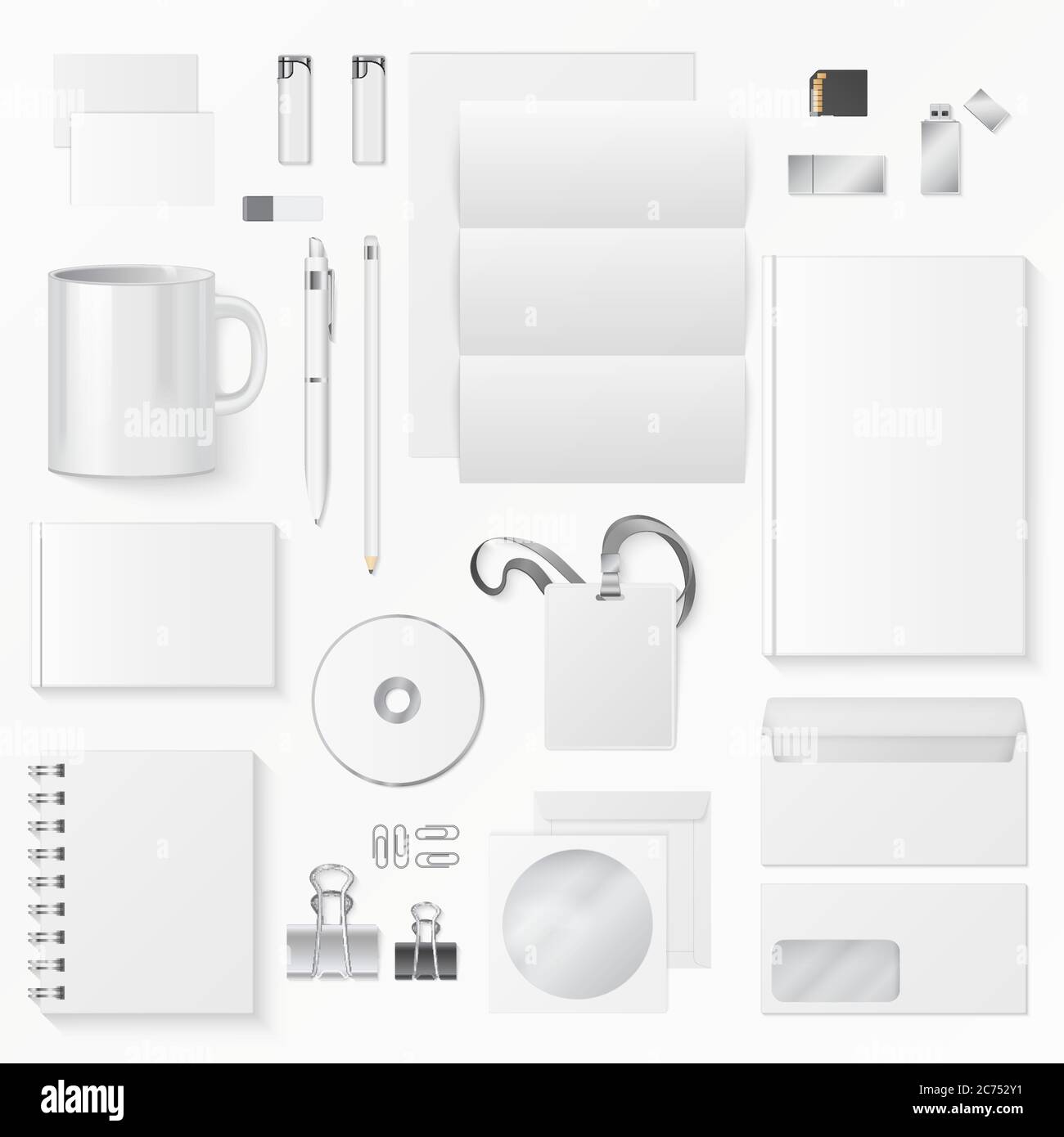 Illustrazione vettoriale di vari materiali di consumo per ufficio bianchi su sfondo bianco. Identità aziendale Illustrazione Vettoriale
