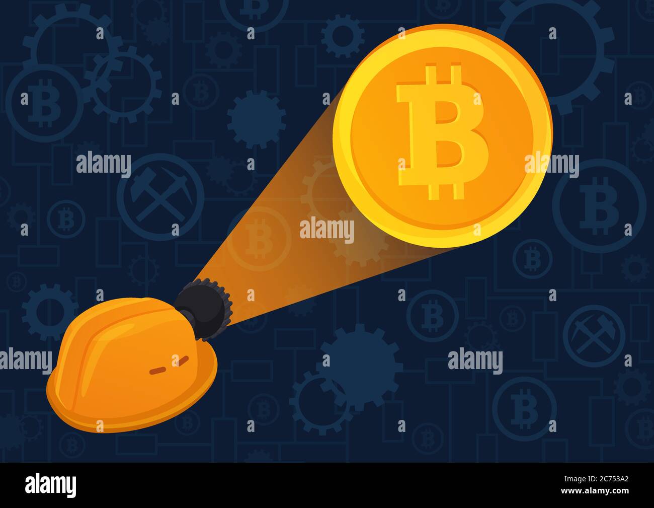 Illustrazione vettoriale di hardhat luce giallo bitcoin criptovaluta. Concetto astratto Blockchain Illustrazione Vettoriale