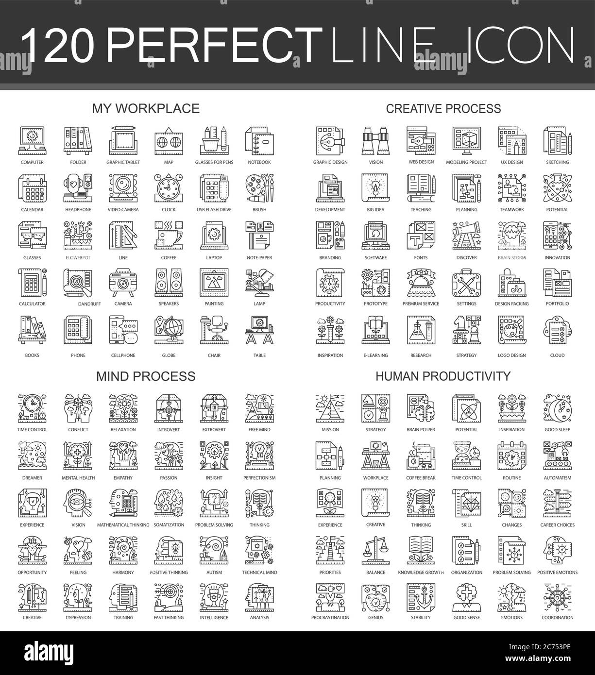 120 delineare mini concept infografica icone di simboli del mio posto di lavoro, processo creativo, processo mentale, produttività umana isolato Illustrazione Vettoriale