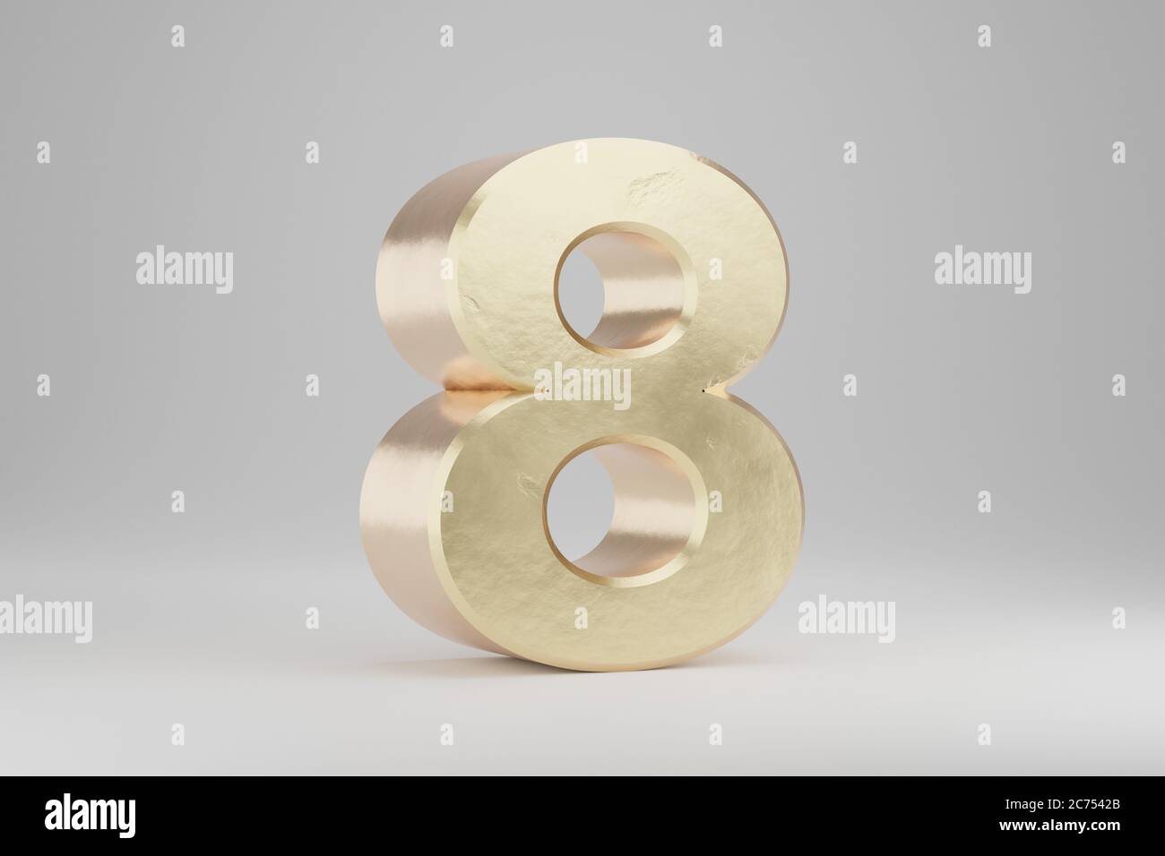 Gold 3d numero 8. Numero d'oro isolato su sfondo bianco. Alfabeto d'oro con imperfezioni. carattere del carattere del carattere 3d con rendering. Foto Stock
