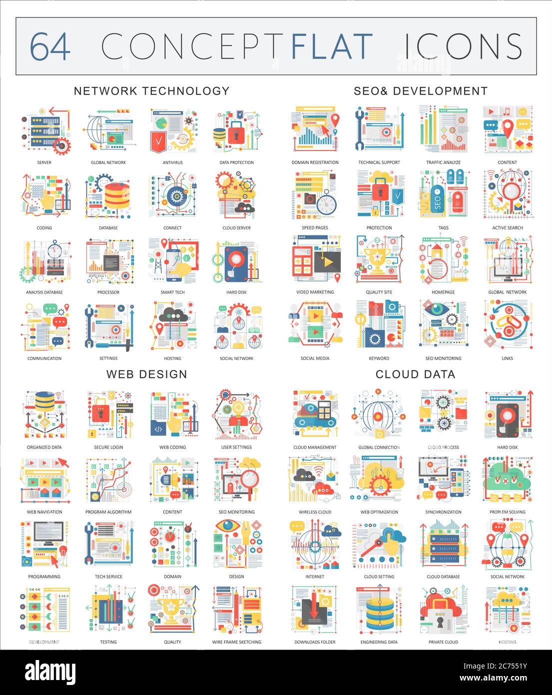 Icone di concetto di infografica della tecnologia di rete, sviluppo seo, web design, dati cloud. Design piatto vettoriale di alta qualità per grafica Web isolata Illustrazione Vettoriale