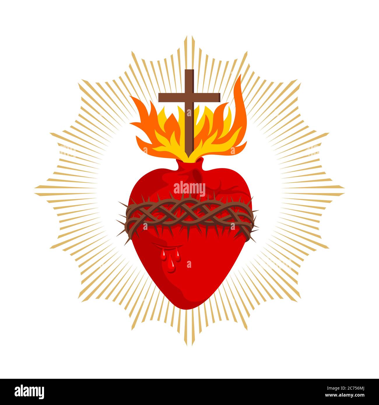 Sacro cuore di Gesù Cristo, Signore e Salvatore del mondo. Croce nella fiamma dello Spirito Santo, corona di spine e sangue santo. Illustrazione Vettoriale