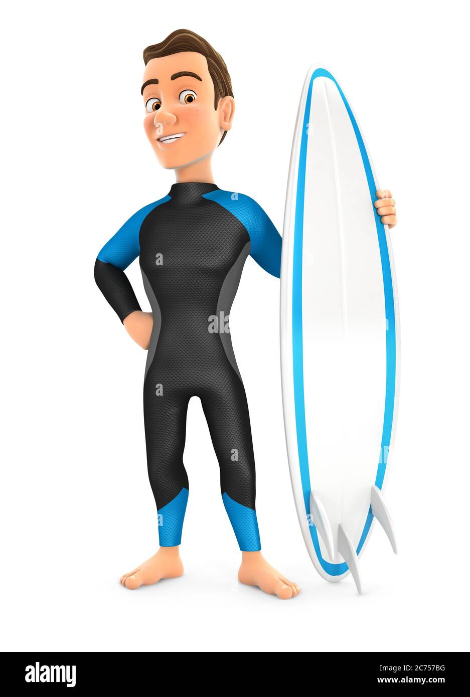 surfista 3d in piedi con tavola da surf, illustrazione con sfondo bianco isolato Foto Stock