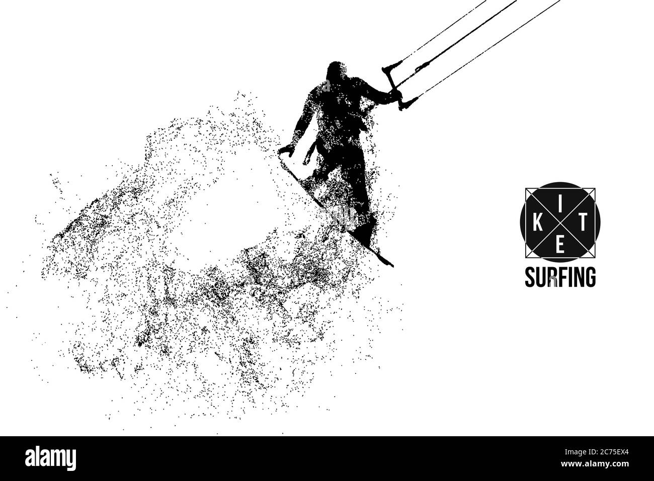 Kitesurf e kiteboarding. Silhouette di un kitesurfer. L'uomo in un salto esegue un trucco. Grande competizione aerea. Illustrazione vettoriale. Grazie per la vigilanza Illustrazione Vettoriale