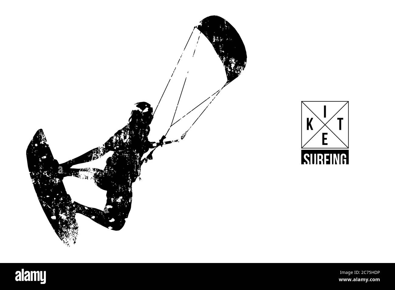 Kitesurf e kiteboarding. Silhouette di un kitesurfer. L'uomo in un salto esegue un trucco. Grande competizione aerea. Illustrazione vettoriale. Grazie per la vigilanza Illustrazione Vettoriale