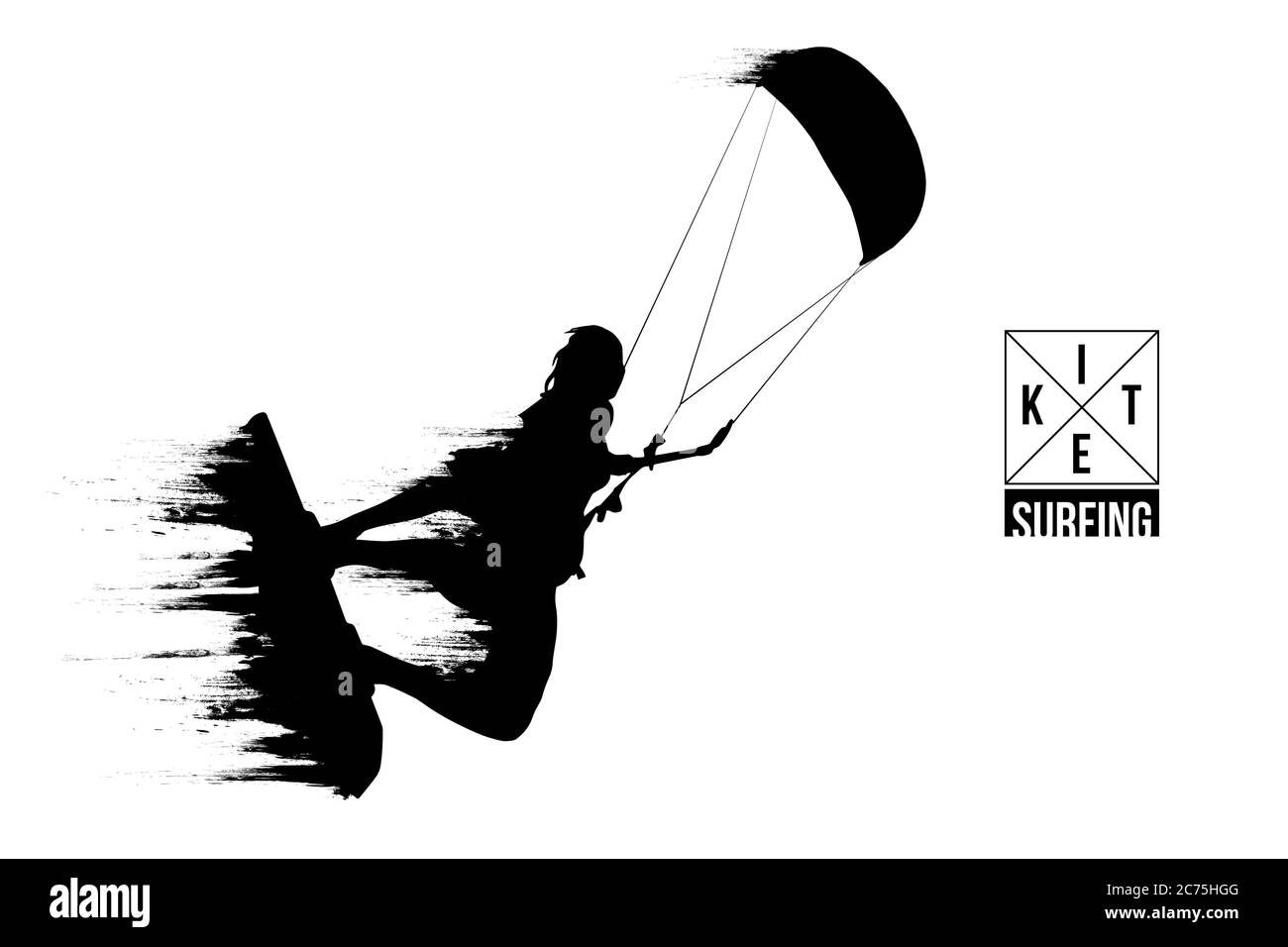 Kitesurf e kiteboarding. Silhouette di un kitesurfer. L'uomo in un salto esegue un trucco. Grande competizione aerea. Illustrazione vettoriale. Grazie per la vigilanza Illustrazione Vettoriale