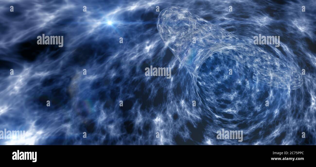 Illustrazione 3D Wormhole astratta per viaggi interstellari con galassie e stelle su un campo di forza blu Foto Stock