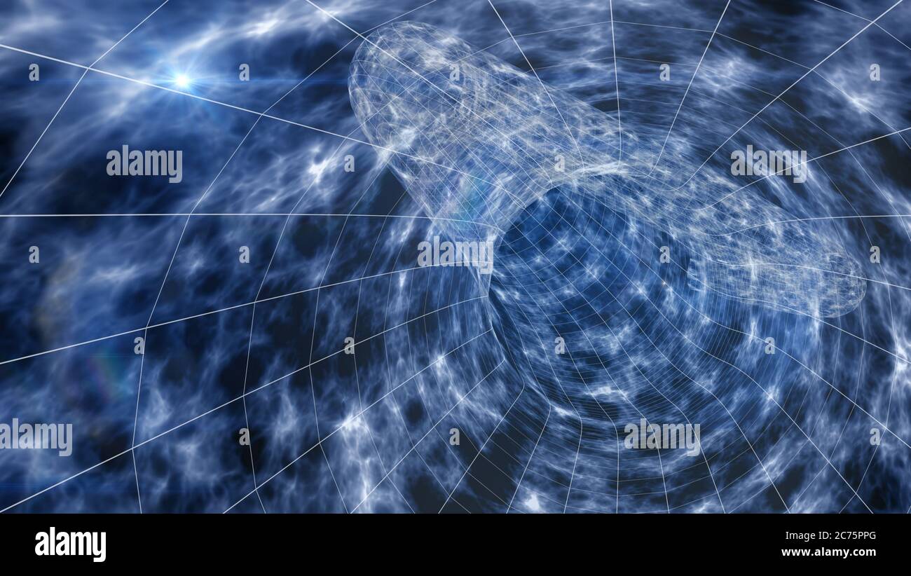 Illustrazione 3D del wormhole con galassie, stelle e una griglia blu del campo di forza, per fantascienza, viaggi interstellari o backgroun continuum spazio-tempo Foto Stock
