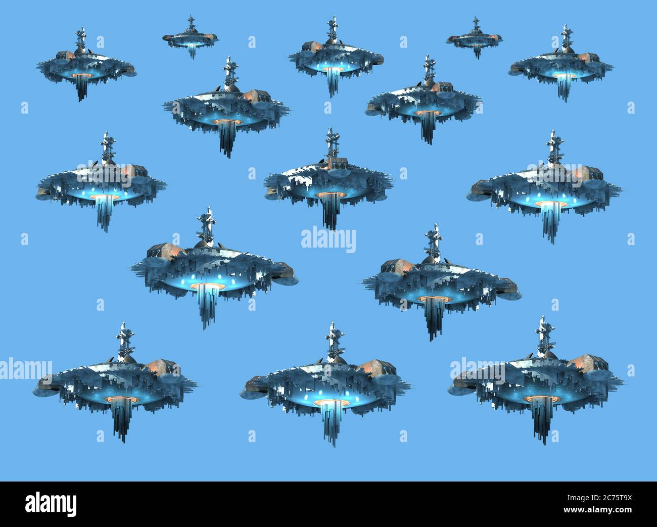 Collage di rendering 3D di istanze di navicelle UFO, isolate su cielo blu con il percorso di ritaglio incluso nel file, per opere d'arte o vide fantascientifico Foto Stock