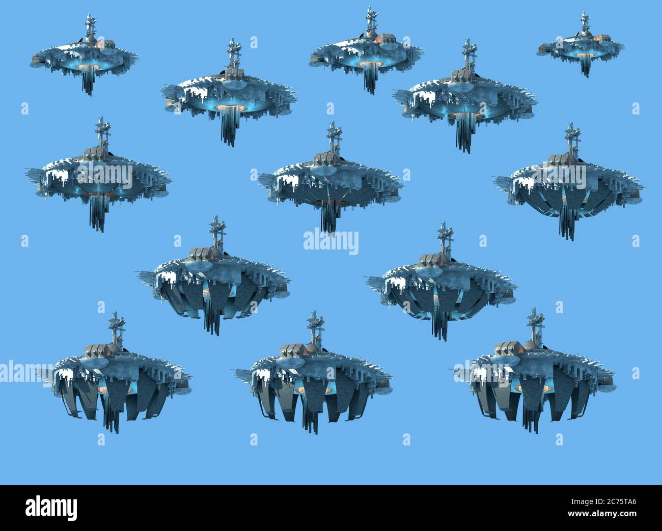 Collage di rendering 3D di istanze di navicelle UFO, isolate su cielo blu con il percorso di ritaglio incluso nel file, per opere d'arte o vide fantascientifico Foto Stock