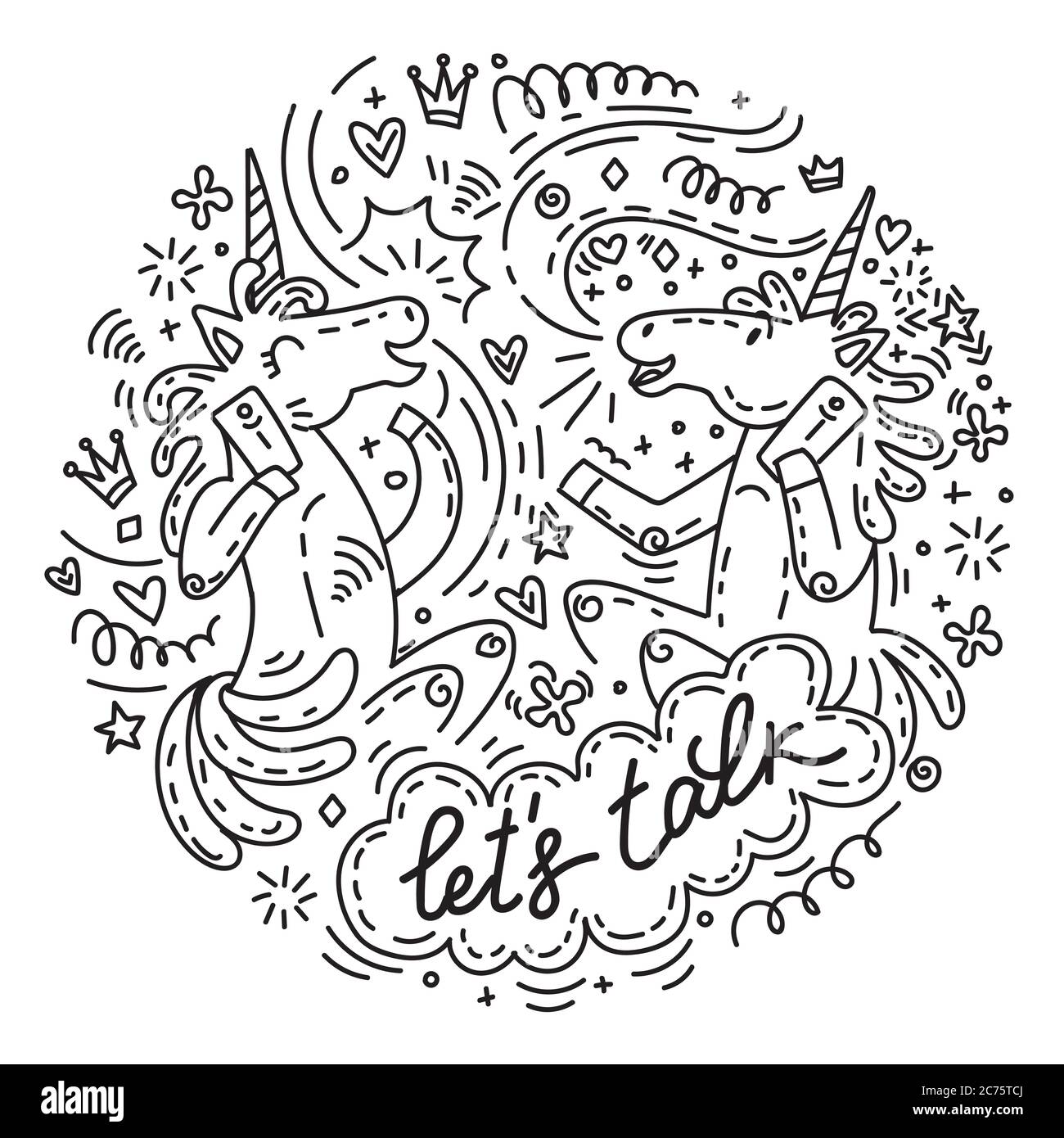 Divertente simpatico unicorni divertente parlare al telefono. Parliamo. Carattere vettoriale umorismo in stile doodle. Illustrazione isolata per adesivi, design cuscino, Illustrazione Vettoriale