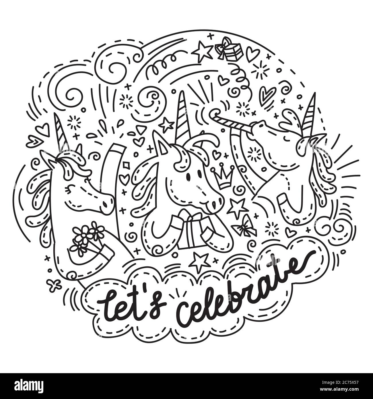 Molto divertente e felice celebrare unicorni. Carattere vettoriale umorismo in stile doodle. Per adesivi, cuscinetti di design, orologio, cartoncini, design, stampa, t-shirt Illustrazione Vettoriale